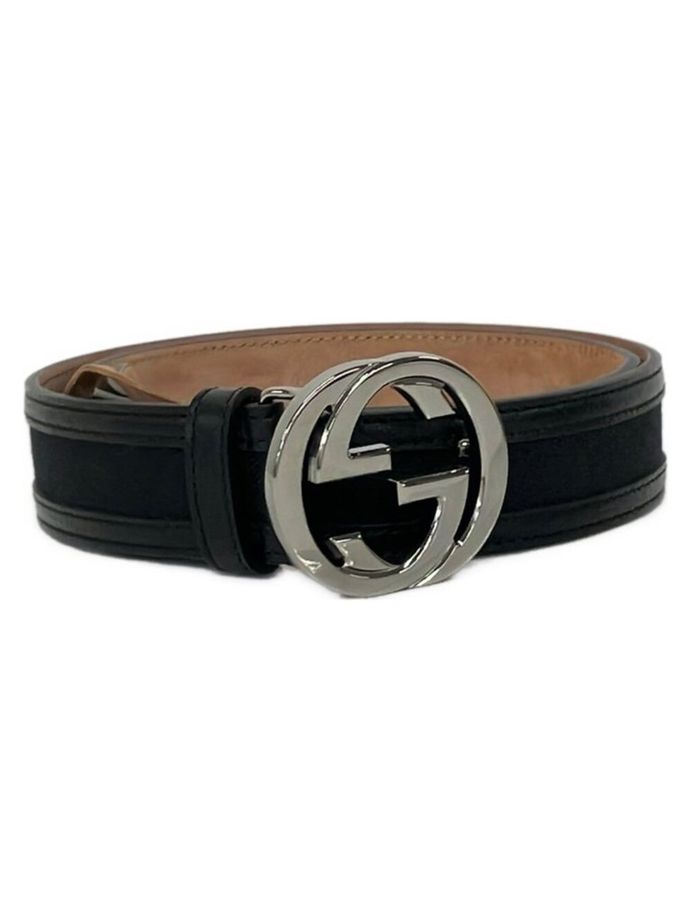 Gucci Belt 80 32 Interlocking G GG Pattern Black Silver Leather